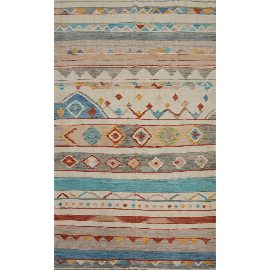 Hand Woven Oriental 100% Wool Carpet Southwestern Tribal Beige & Ivories Kilim Area Rug - 8' 10'' X 5' 7''