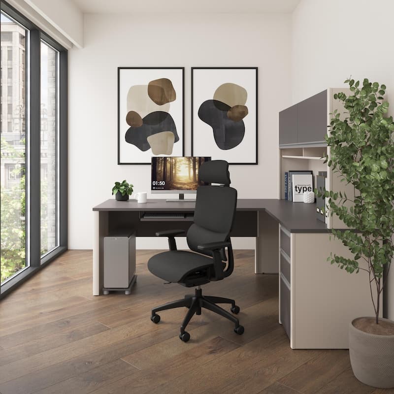 Bestar Connexion 72W L-Shaped Desk with Hutch and Pedestal