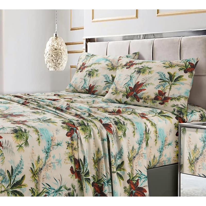 300 Thread Count Cotton Ultra-soft Printed Deep Pocket Bed Sheet Set - Queen - paradise island multi