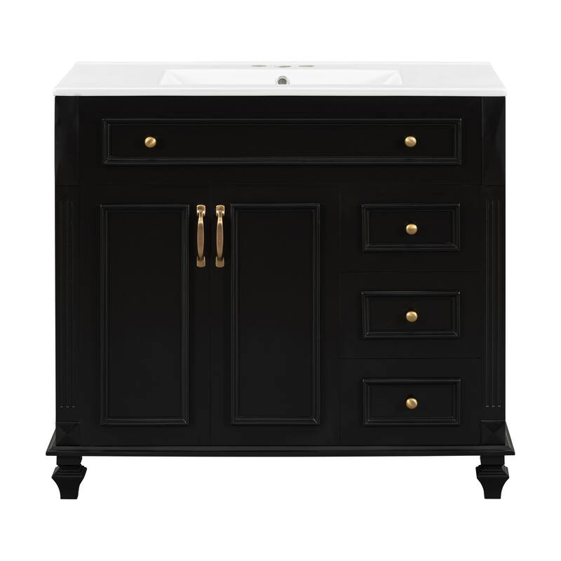 36" Bathroom Vanity with Sink, Storage Vanity Cabinet with Flip-Out Drawer, 3 Drawers, 2 Soft-Close Doors and Gold Handles