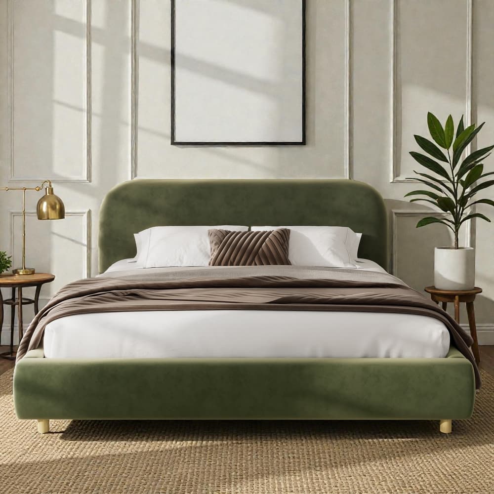 Upholstered Platform Bed with Curved Thick Headboard and Solid Wood Legs, Modern Fabric Bed Frame No Box Spring