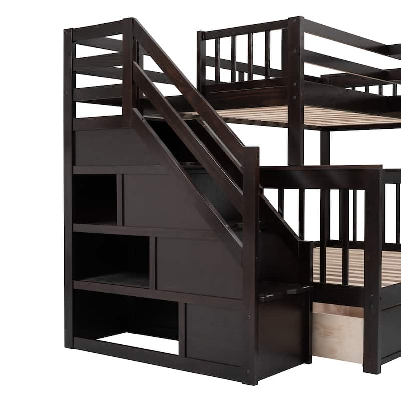 Twin-Twin over Full L-Shaped Bunk Bed With 3 Drawers, and Portable Desk and Wardrobe