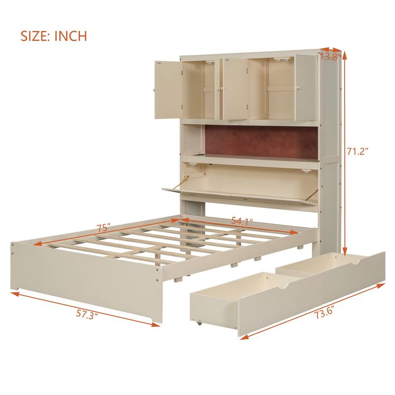 Full Size Wooden Platform Bed with Charging Station, Integrated Storage Headboard and 2 Drawers, No Box Spring Needed