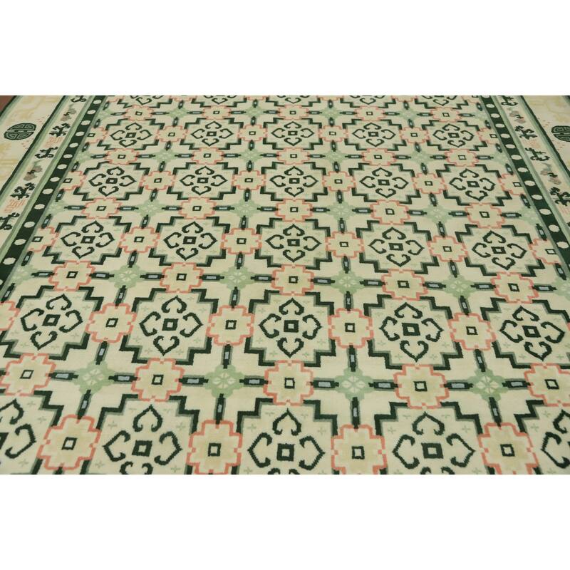 Hand-knotted Traditional Wool Beige Geometric Oriental Area Rug - 12' 1'' X 9' 0''