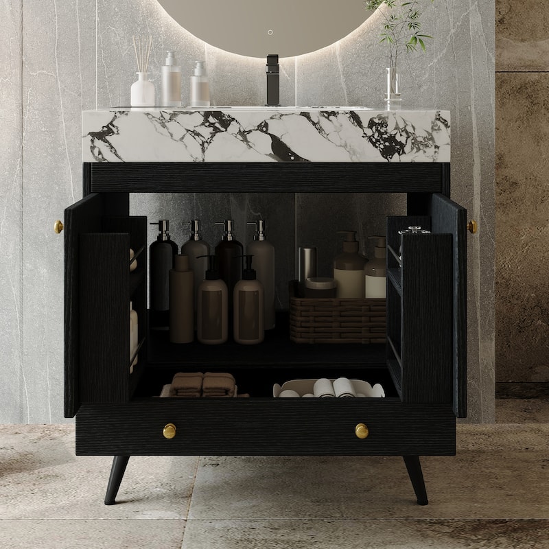 Mid-Century 30" Freestanding Bathroom Vanity with Faux Marble Top, Ceramic Sink & Gold Legs Cabinet