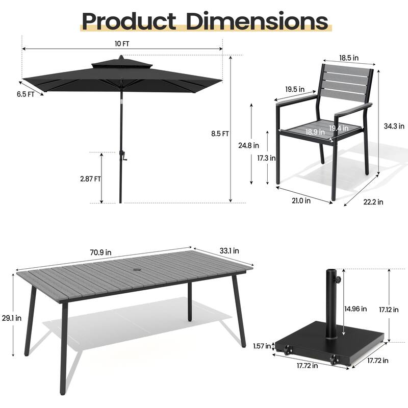 9PC Outdoor Patio Dining Set Aluminum Table with Stackable Armchairs w/ Premium Market Umbrella Sets