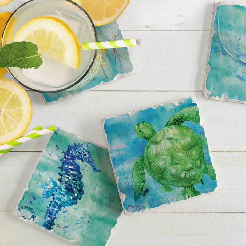 Counterart Absorbent Stone Coaster, Arianna Sealife, Set of 4 - 4.00x4.18