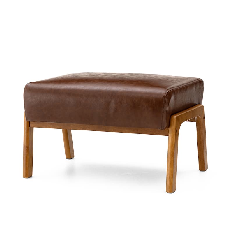 Glitzhome 24.5"W Leatherette Accent Stool With Walnut Rubberwood Legs