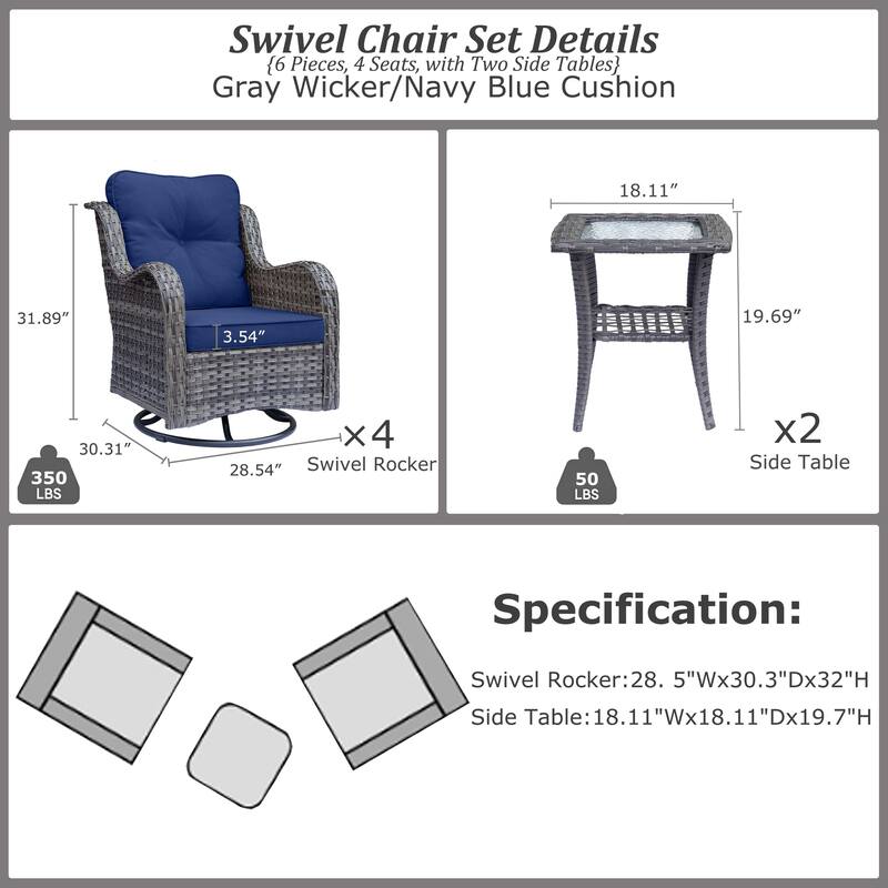 Gray Rattan Outdoor Patio Conversation Sets with Swivel Rocker Chairs
