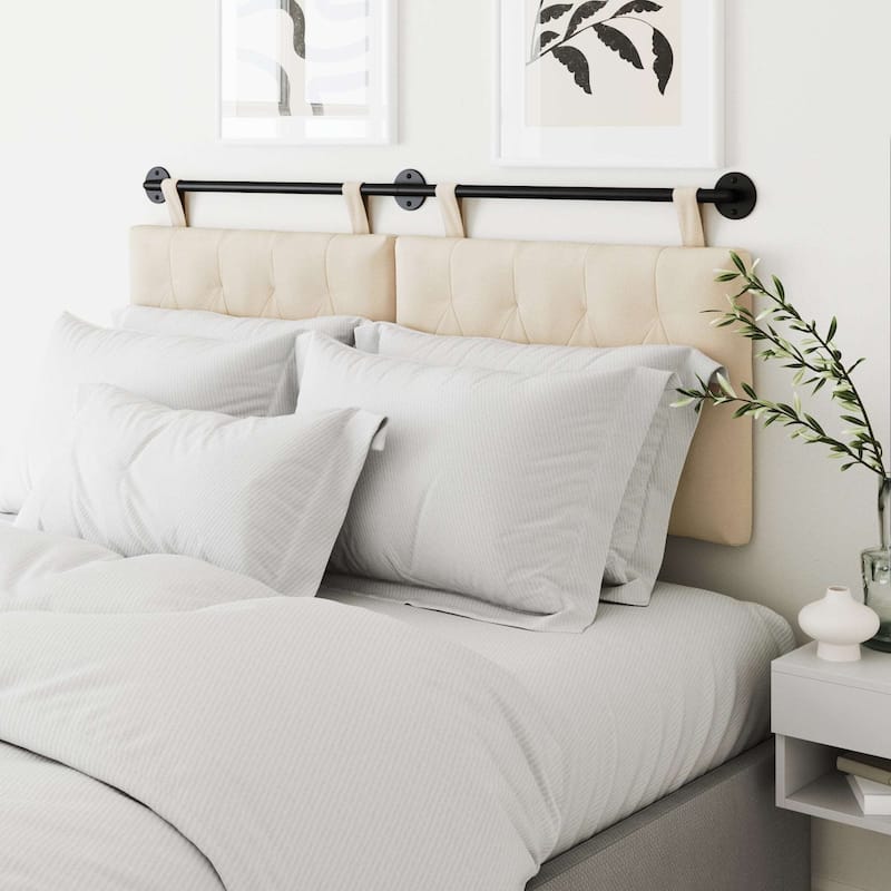 Nathan James Remi Wall Mount Tufted Headboard with Adjustable Straps and Black Metal Rail