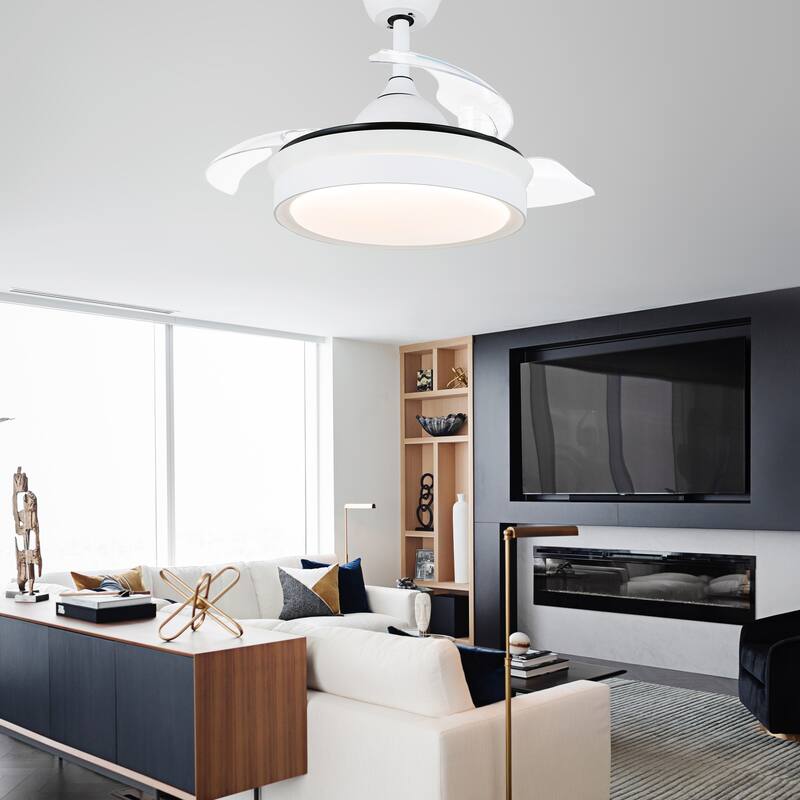 36" Dimmable Retractable Modern Ceiling Fan with Light, 6-Speed Reversible DC Motor Ceiling Fan with Remote - 36