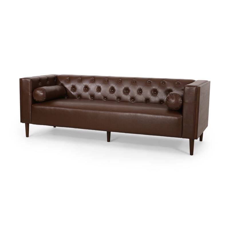 Dark Brown 90" Faux Leather Button Tufted 3-seater Sofa with Birch Wood Legs for Living Room