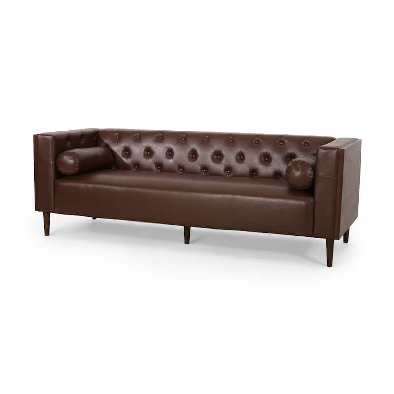 Dark Brown Faux Leather Button Tufted 3-seater Sofa with Birch Wood Legs