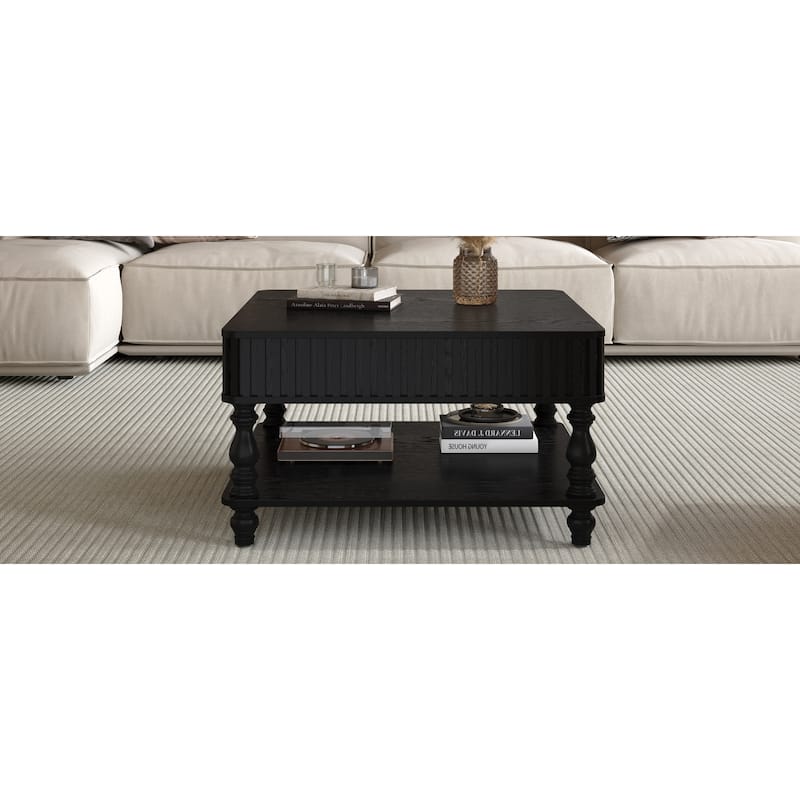 Modern Fluted Solid Wood Accent Coffee Table with Hidden Storage