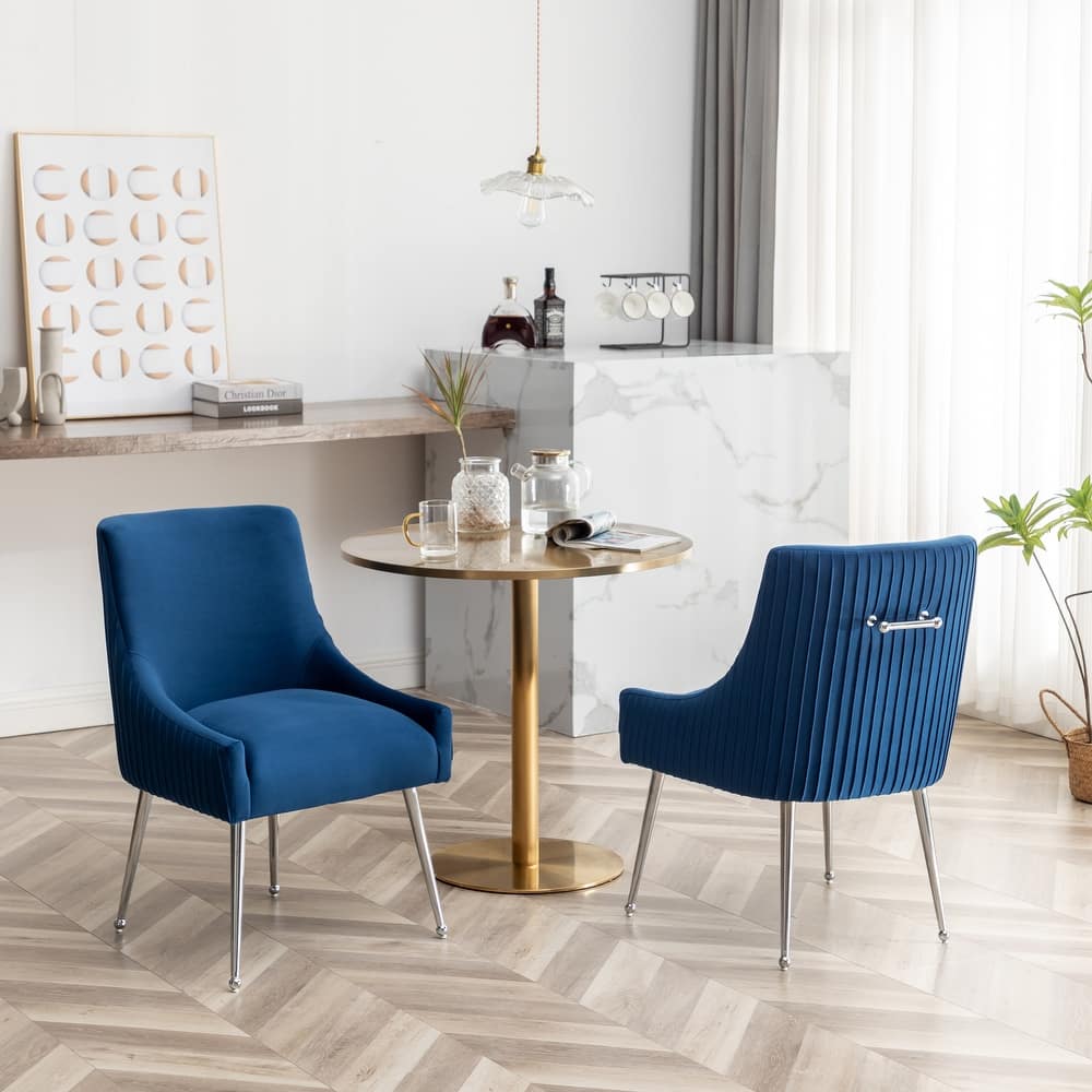 SEYNAR Modern Velvet Pleated Finish Back Dining Chair Set of 2 with Rear Handle
