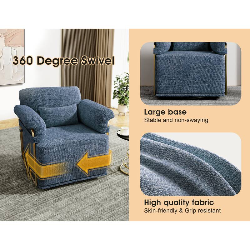360 Swivel Accent Chair with Gold Metal Legs - Fluffy Fabric Upholstered Lounge Chair for Living Room, Bedroom or Office