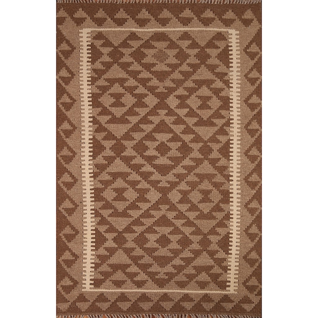 Brown Reversible Kilim Oriental Area Rug Hand-woven Wool Foyer Carpet - 3'3" x 5'2"