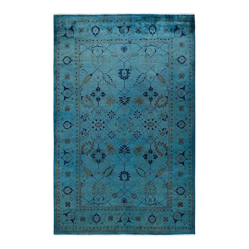 Overton Hand Knotted Wool Vintage Inspired Modern Contemporary Overdyed Blue Area Rug - 6' 1" x 9' 5"