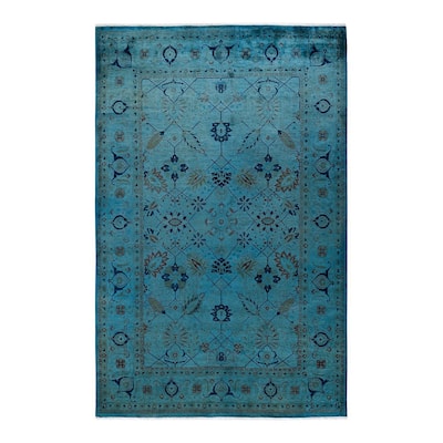 Overton Hand Knotted Wool Vintage Inspired Modern Contemporary Overdyed Blue Area Rug - 6' 1" x 9' 5"