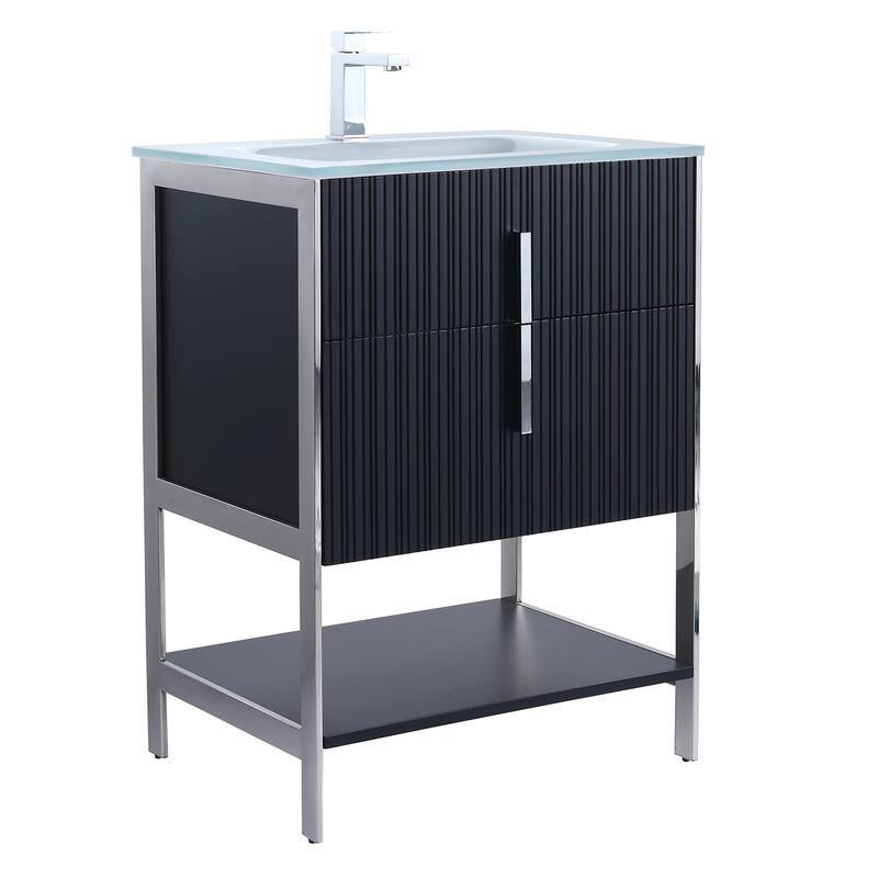 Fine Fixtures Serenity Modern Bathroom Vanity with White Glass Top - Black Matte - Chrome Hardware - 24 inch