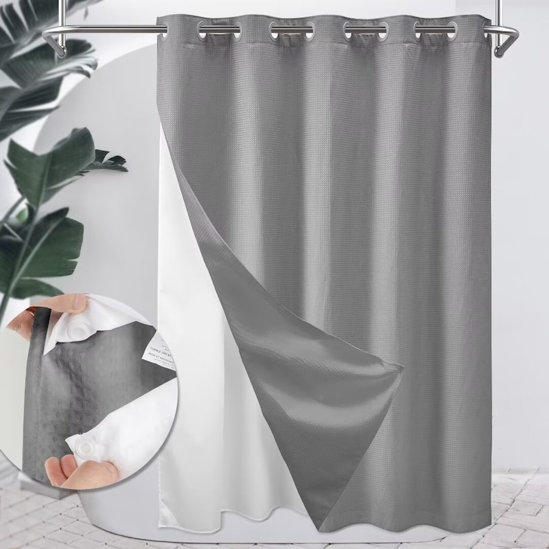 Waffle Weave Shower Curtain with Snap-liner No Hooks Needed