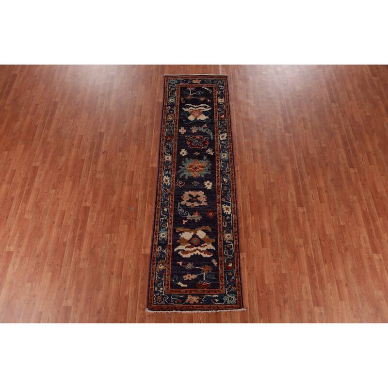 Hand Knotted Oriental 100% Wool Carpet Transitional All-Over Purples Oushak Runner Rug - 9' 11'' X 2' 10''
