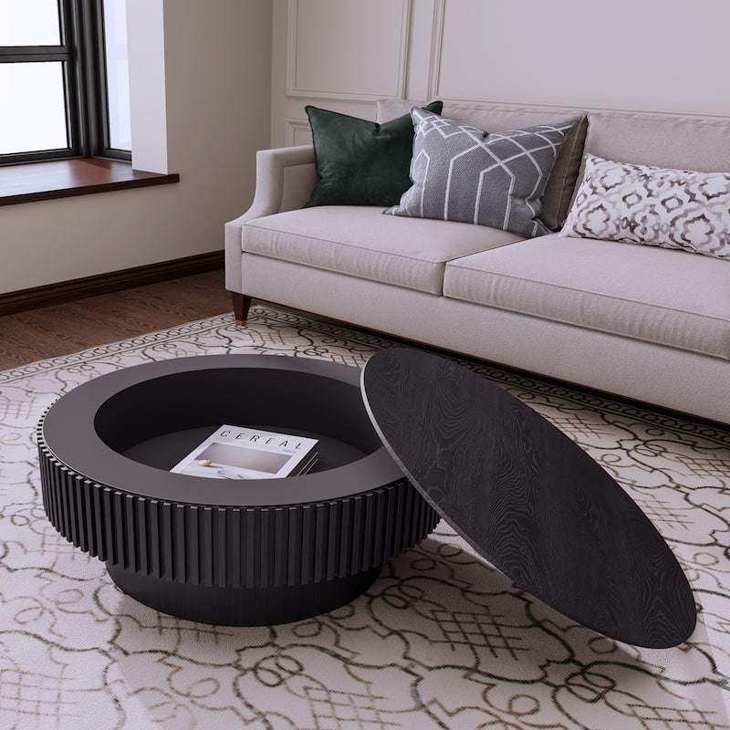 Modern Solid Wood Veneered Round/Oval/Rectangular Coffee Tea Table with Storage. - Black-31.5"