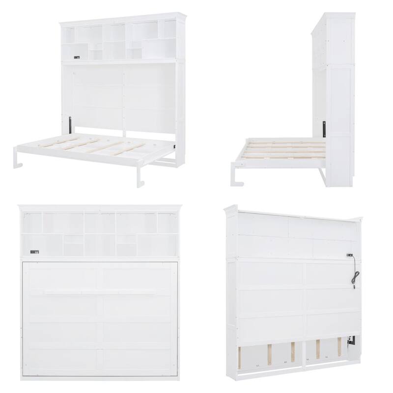 Queen Size Wood Murphy Bed with Top Shelves and USB Port