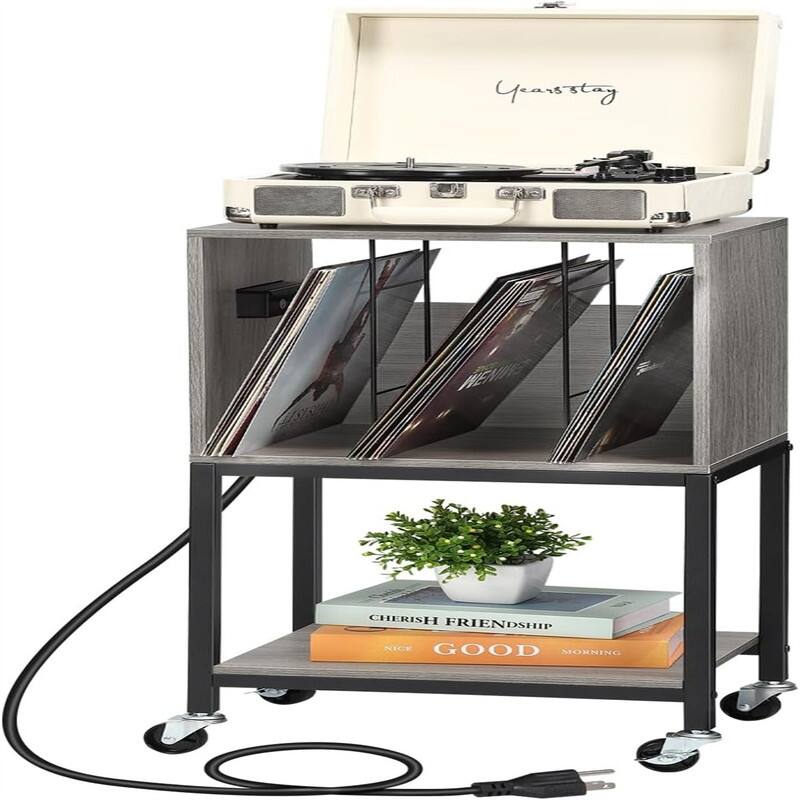 Vinyl Shelf with USB Ports and Outlets Turntable - 17.2 x 24.82 x 11.83 - Grey