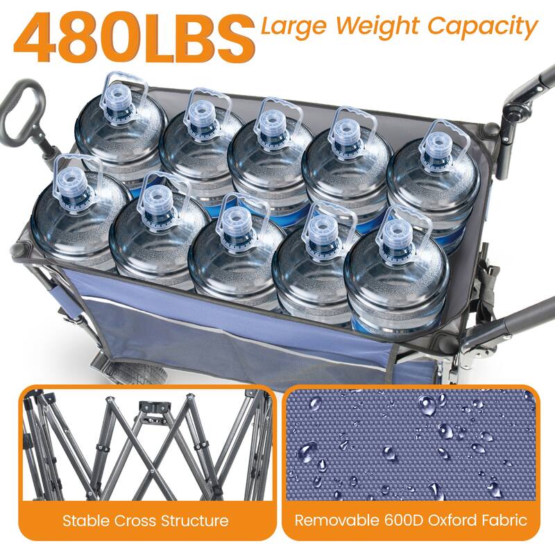 Multi-Functional Push-Pull Folding Wagon Cart with Rotating Handle & Canopy,7"x4"All-Terrain Wheels & Brakes,300L Large Capacity