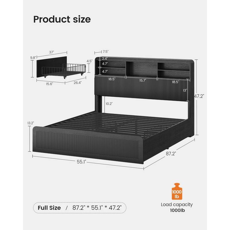 Bed Frame with 4 Storage Drawers and Hidden Storage Headboard Charging Station