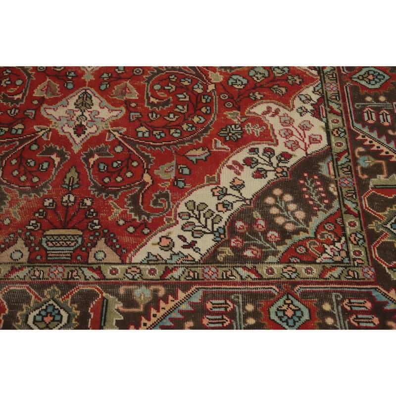 Hand Knotted Oriental 100% Wool Carpet Traditional Floral Red Tabriz Area Rug - 9' 0'' X 6' 7''