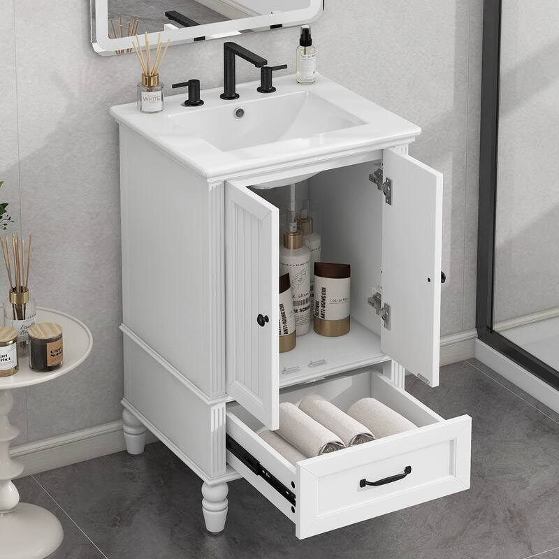 Roomfitters 20" Bathroom Vanity with Sink, Solid Wood Frame, 2 Doors with Magnetic Stoppers & Large Drawer, White