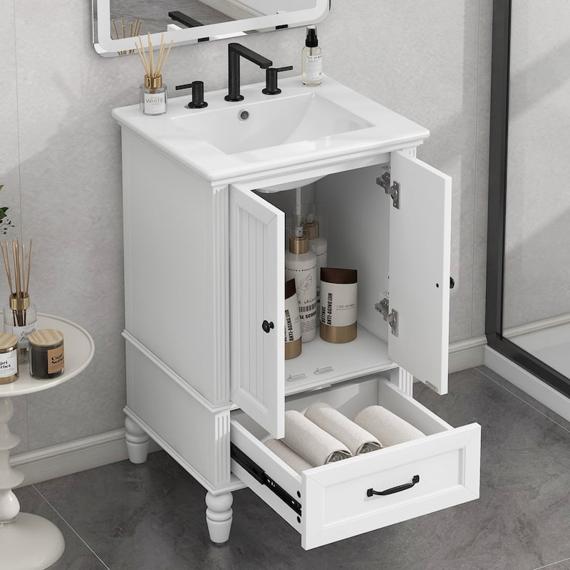 Sleek 20" Bathroom Vanity Set with Sink‌ – Features Dual-Door Cabinet, Magnetic Door Catcher & Adjustable Leveling Feet - White