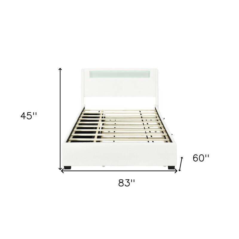 HomeRoots White Tufted Boucle Lighted Full Bed Frame With Trundle And USB And Drawers