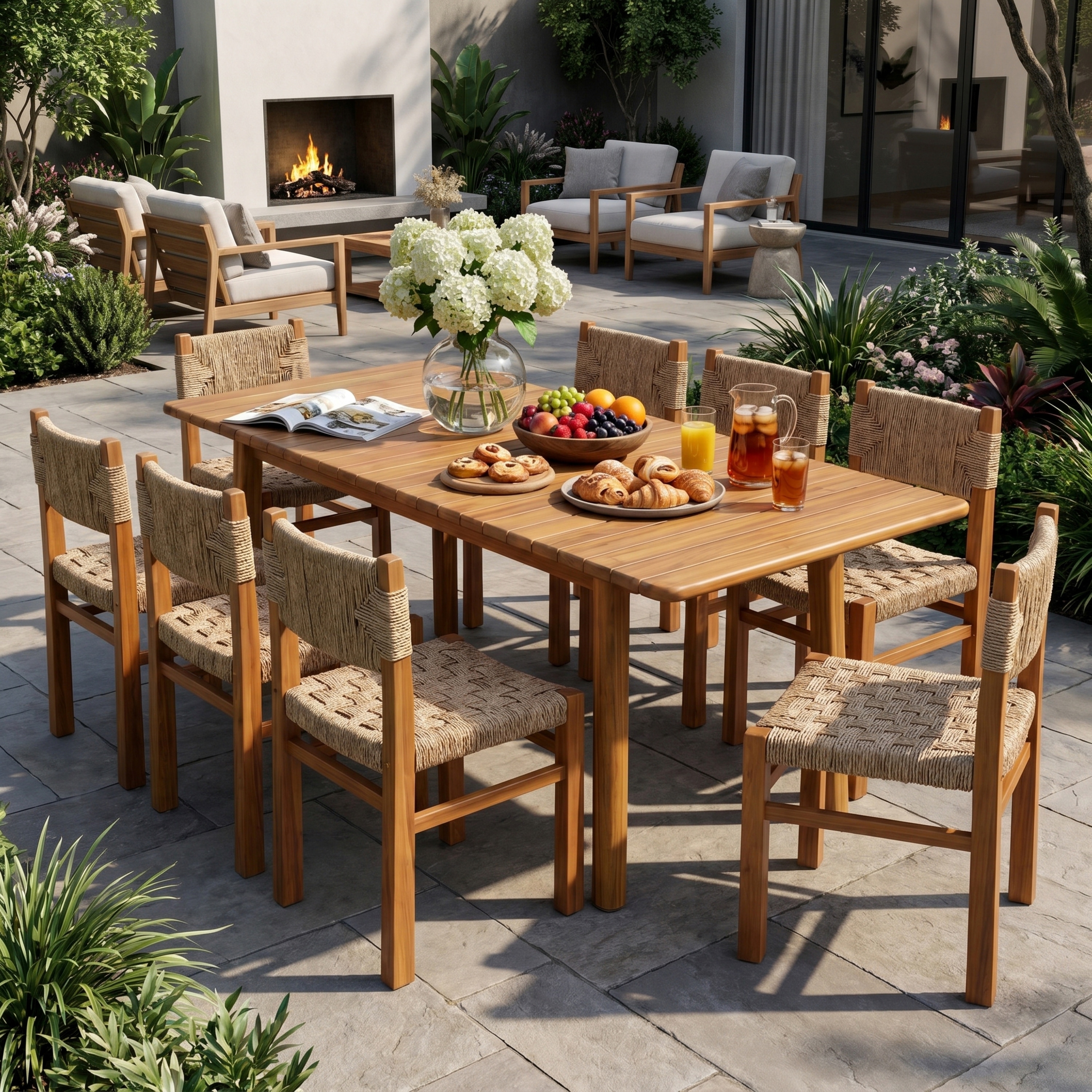 Christopher Knight Home - Jaro 9-Piece Outdoor Dining Set, Expandable Acacia Wood Slatted Table & Wicker Weave Dining Chairs