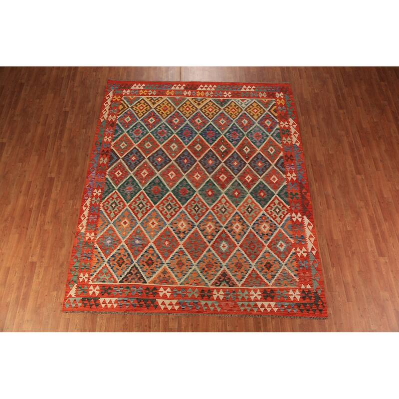 South Western Style Kilim Oriental Rug Flatweave Orange Wool Carpet - 8'3"x 9'11"
