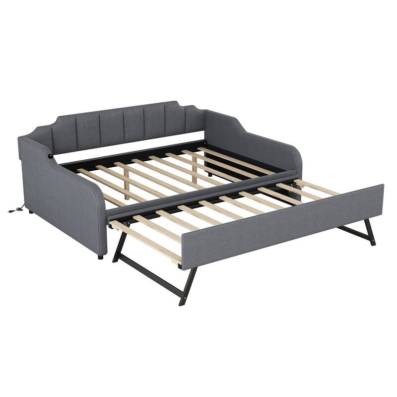 Full Size Upholstered Daybed with Pull-Out Trundle and USB Charging, Gray