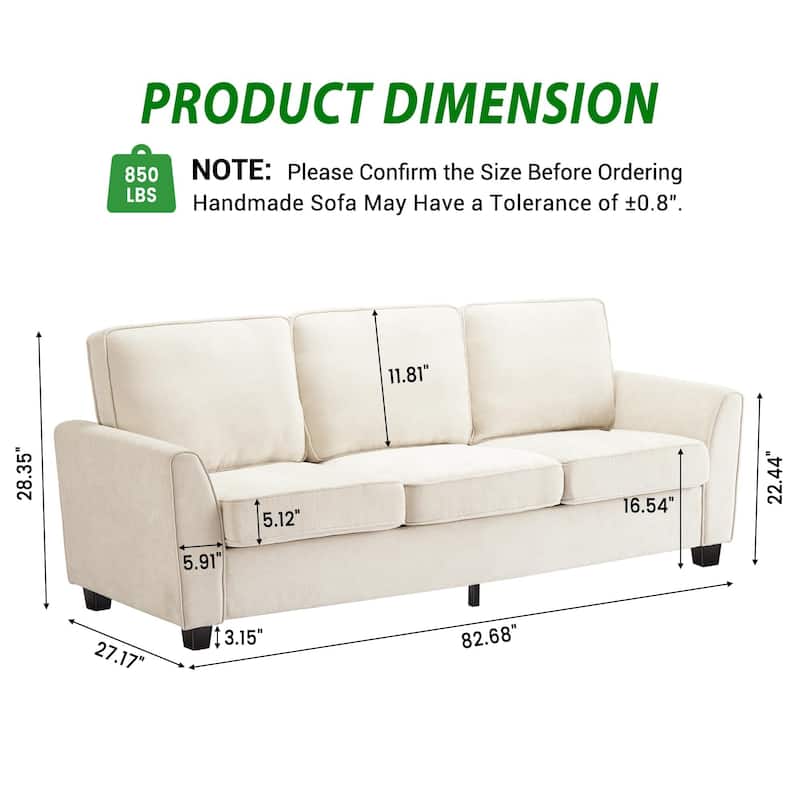 83" Couch, 3-Seater Sofa with Deep Seat, Comfortable Chenille Couch