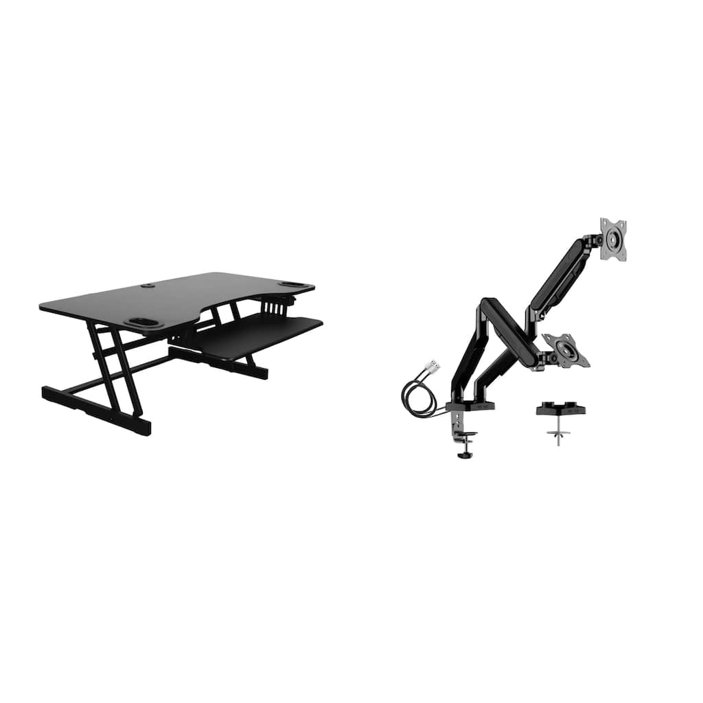Rocelco 45 in. W Black Height Adjustable Standing Desk Converter with Dual Monitor Mount and Triple Screen Riser Platform