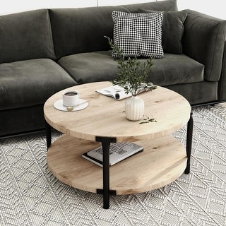2-Tier Coffee Table for Living Room, Wood Finish Cocktail Table Tea Table with Storage Shelf, Modern Round Side Table