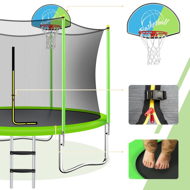 10FT Trampoline with Safety Enclosure Net, Basketball Hoop and Ladder, Easy Assembly Round Outdoor Recreational Trampoline