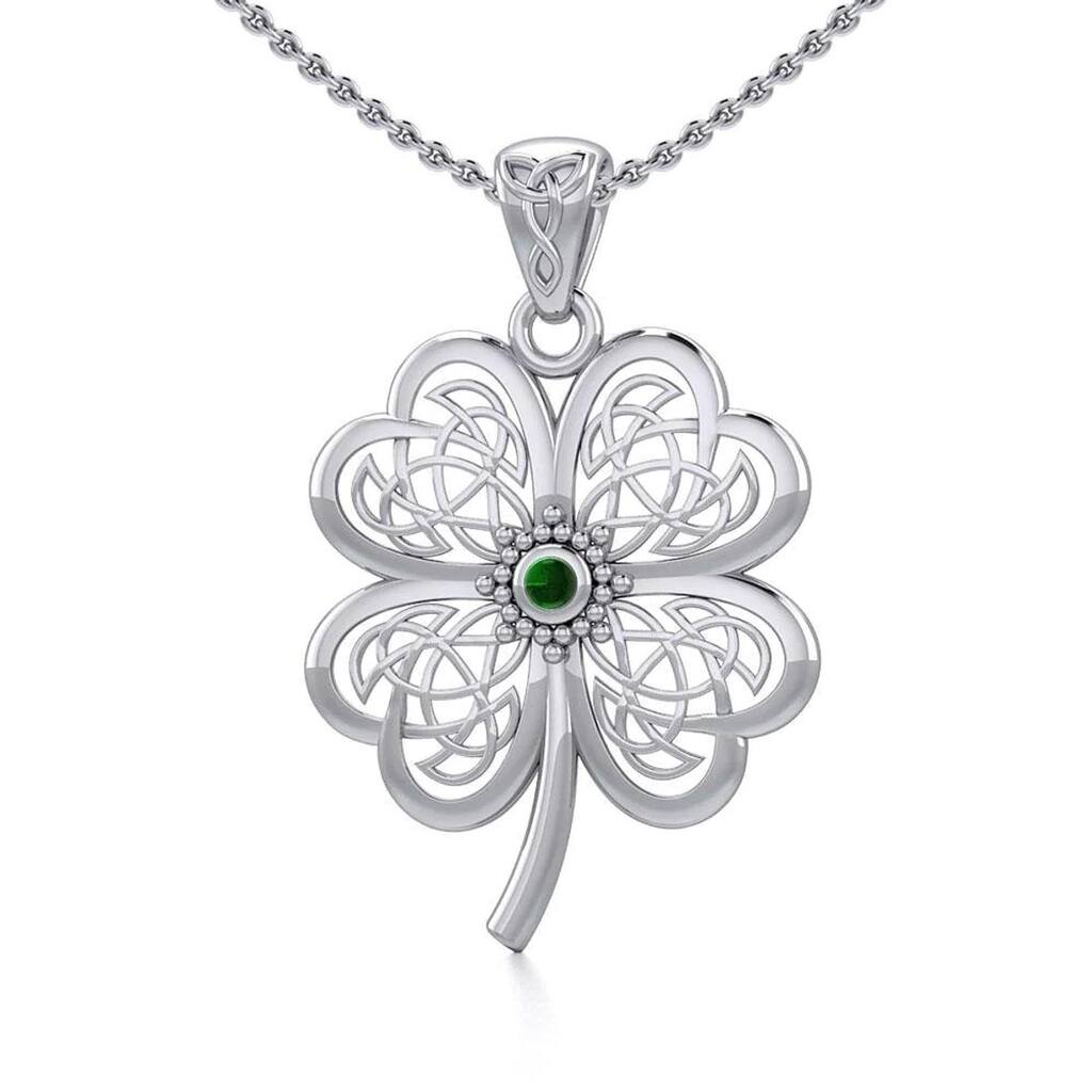 18” Chain Four Leaf Clover Sterling Silver Necklace with Emerald Stone and Celtic Knot Pendant - 1.65” x 1.18”