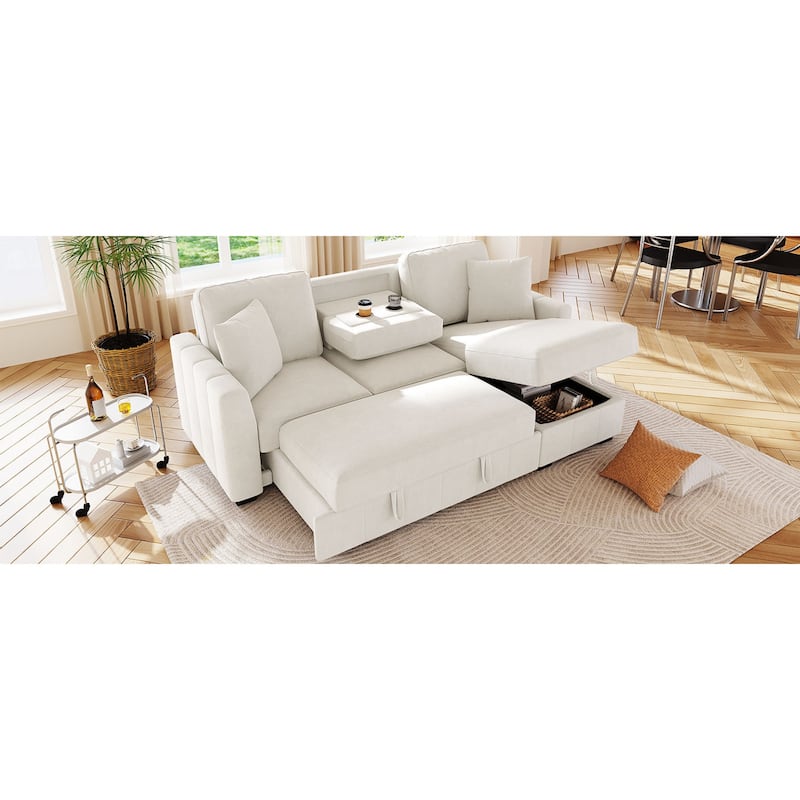 Roomfitters 90" L-Shaped Sectional Sleeper Sofa with Storage Chaise and Pull Out Bed, Fold Down Cup Holder Table