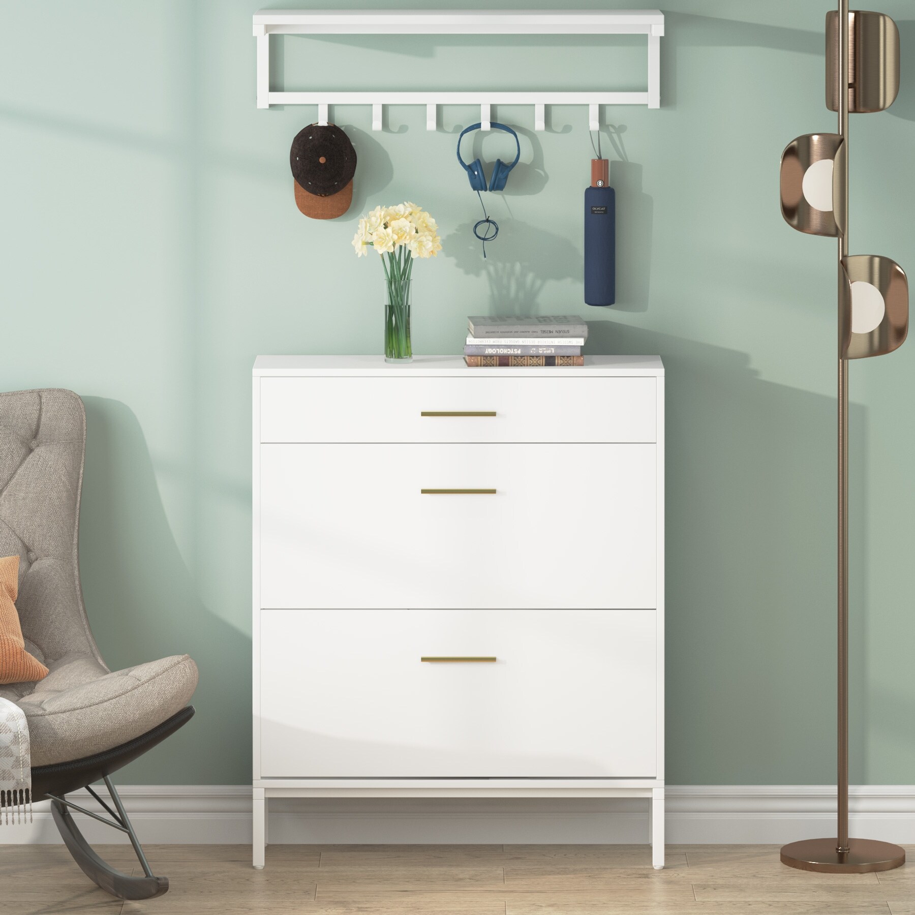 https://ak1.ostkcdn.com/images/products/is/images/direct/757c4bb9f27a6867e5661e6974126e01a869bb8c/White-Flip-Drawer-Shoe-Cabinet-%26-Wall-Mounted-Coat-Rack-Set%2C-3-Drawers-Narrow-Shoe-Storage-Organizer.jpg
