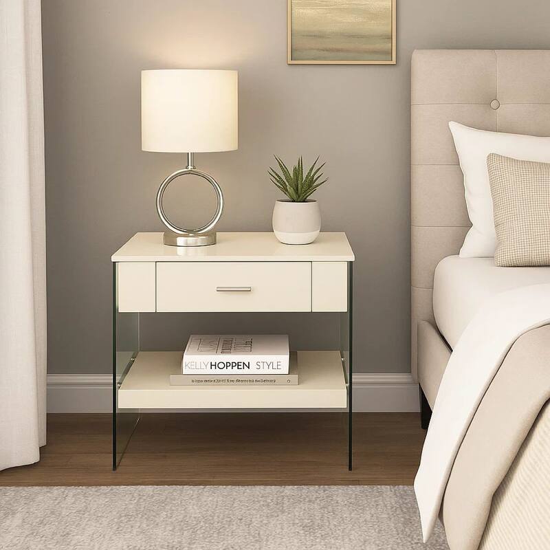 Stub 23 Inch Side End Table, Glossy White Wood, Glass Side Panels, 1 Drawer