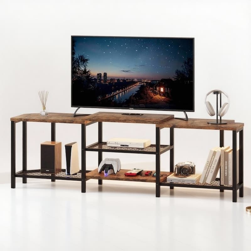 LED TV Stand, with Power Outlets, Up to 75 Inch - Rustic Brown