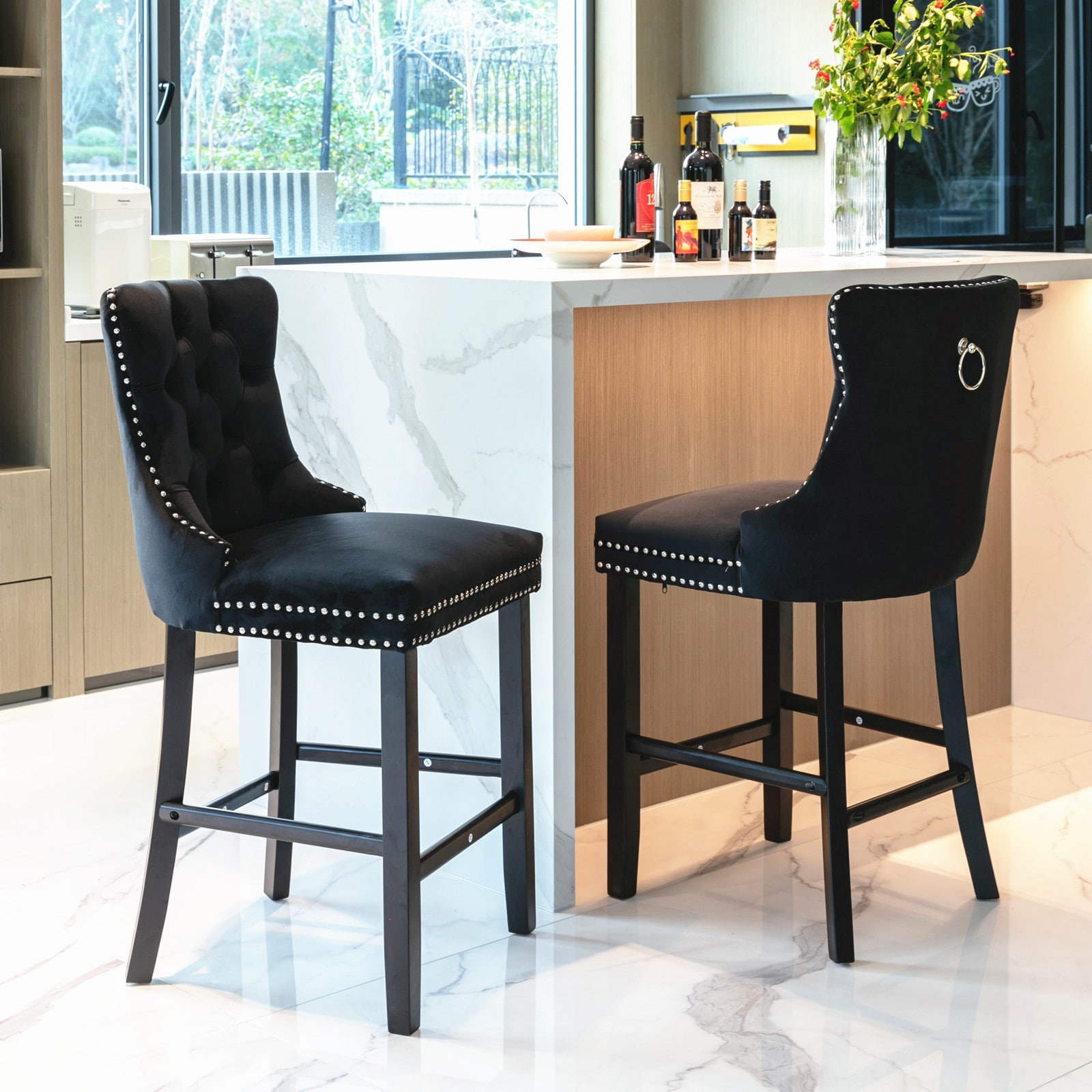 Counter Height Bar Chairs Set of 2, Bar stools with Button Tufted Back, Upholstered Kitchen Island Chairs with Footrest
