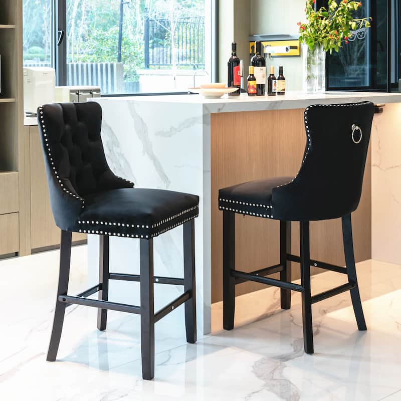 Roomfitters Velvet Bar Stools Set of 2, Tufted Upholstered Counter Chairs with Nailhead Trim and Wooden Legs