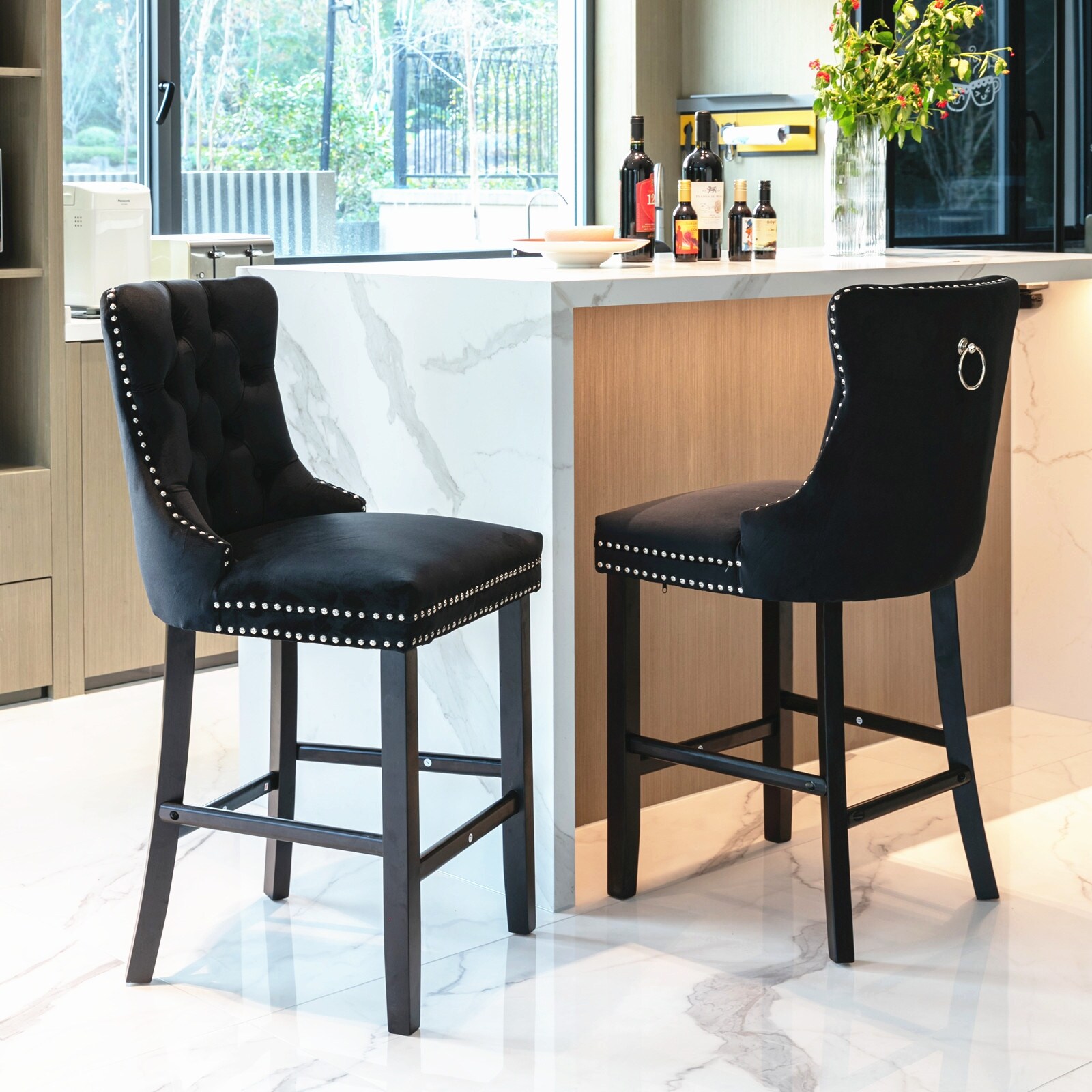 Set of 2 Bar Stools, Velvet Upholstered Bar Chairs with Wooden Legs
